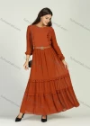 Wholesale Women's Chiffon Crew Neck Plain Ruched Ruffle Trim Layered Hem Maxi Dress With Belt - Liuhuamall