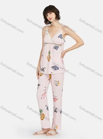 Wholesale Women's Allover Print Cut Out Lace Trim Cami Top & Pants 2 Piece Lounge Pajamas Set A06#, LIUHUA CLOTHING WHOLESALE