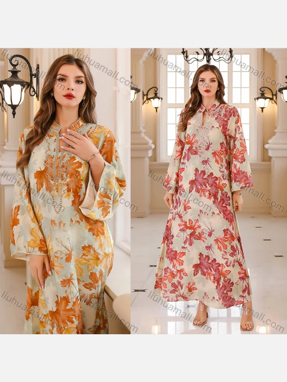 Wholesale Women's Elegant Muslim Leaf Print Embroidery Notched Stand Collar Long Sleeve Dubai Abaya Dress
