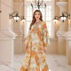 Wholesale Women's Elegant Muslim Leaf Print Embroidery Notched Stand Collar Long Sleeve Dubai Abaya Dress Orange Clothing Wholesale Market Liuhua