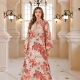 Wholesale Women's Elegant Muslim Leaf Print Embroidery Notched Stand Collar Long Sleeve Dubai Abaya Dress Orange Red Clothing Wholesale Market Liuhua