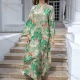 Wholesale Women's Elegant Muslim Leaf Print Embroidery Notched Stand Collar Long Sleeve Dubai Abaya Dress Green Clothing Wholesale Market Liuhua