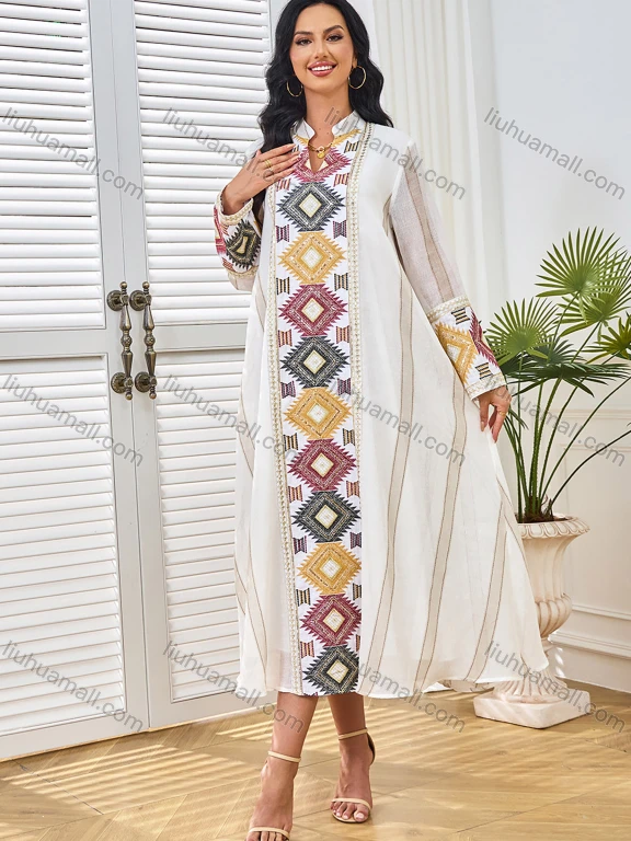 Wholesale Women's Elegant Muslim Striped Splicing Argyle Print Sequin Embroidery Notched Long Sleeve Midi Abaya Dress