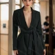 Wholesale Women's Fashion Plain Long Sleeve Lapel Deep V Neck Flap Pockets Lace Up Blazers Black Clothing Wholesale Market Liuhua
