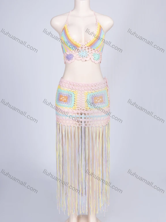 Wholesale Women's Sexy Vacation Rainbow Halter Hollow Out Crochet Cover Up Crop Top & Tassel Skirt 2-Piece Set 18#