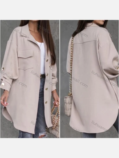 Wholesale Women's Loose Fit Drop Shoulder Plain Flap Pocket Button Down Curved Hem Mid Length Overshirt