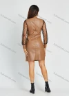 Wholesale Women's Fashion PU Leather Round Neck Mesh Zip Back Short Dress - Liuhuamall