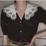 Wholesale Women's Casual Embroidery Peter Pan Collar Neck Button Down Short Sleeve Tops 8081# preview