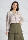 Wholesale Women's Chiffon Allover Floral Print Lantern Sleeve Tie Neck Ruffle Trim Blouse - Liuhuamall