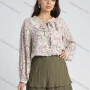 Wholesale Women's Chiffon Allover Floral Print Lantern Sleeve Tie Neck Ruffle Trim Blouse preview