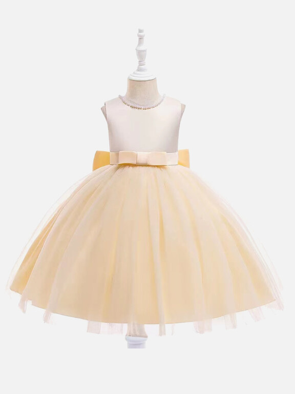 Girls Lovely Sleeveless Pearl Decro Lace Bow Knot Pleated Dress, Clothing Wholesale Market -LIUHUA, 