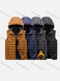 Wholesale Men's Casual Hooded Sleeveless Zipper Pocket Thermal Puffer Jacket, LIUHUA CLOTHING WHOLESALE