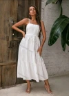 Wholesale Women's Spaghetti Strap Square Neck Open Back Lace Up Ruffle Hem Plain Cami Dress AY236# - Liuhuamall