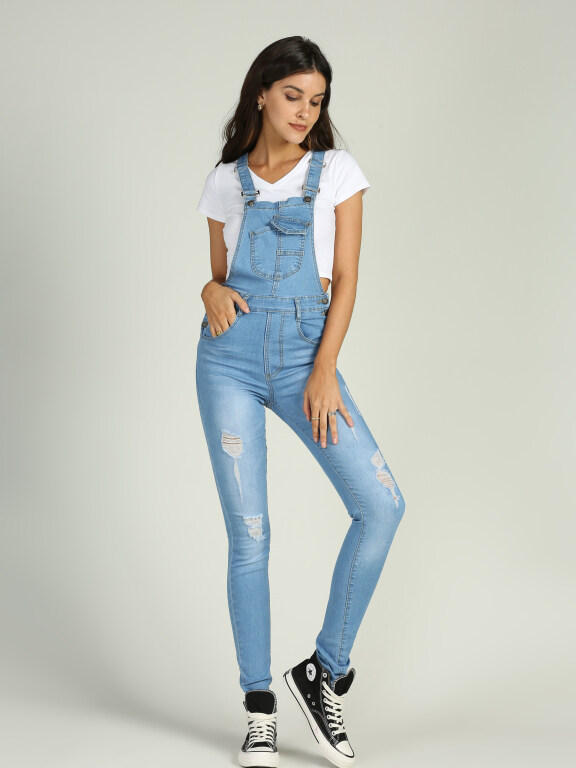 Women's Casual Adjustable Strap Distressed Ripped Skinny Denim Overall, Clothing Wholesale Market -LIUHUA, Denim