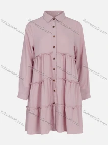 Wholesale Women's Casual Plain Collared Tiered Button Down Ruffle Hem Midi Dress, LIUHUA CLOTHING WHOLESALE