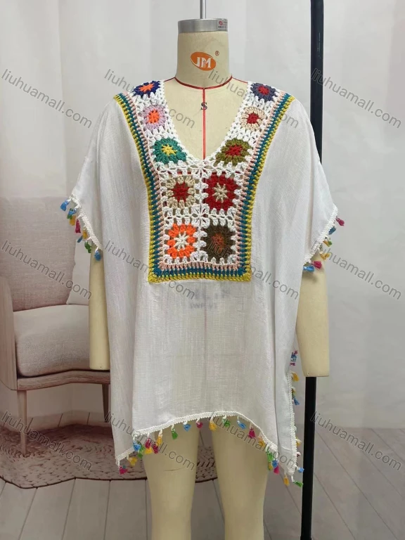 Wholesale Women's Casual Hollow Out Crochet Tassel Cape 2295#