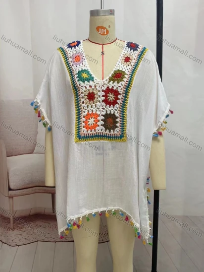 Wholesale Women's Casual Hollow Out Crochet Tassel Cape 2295#