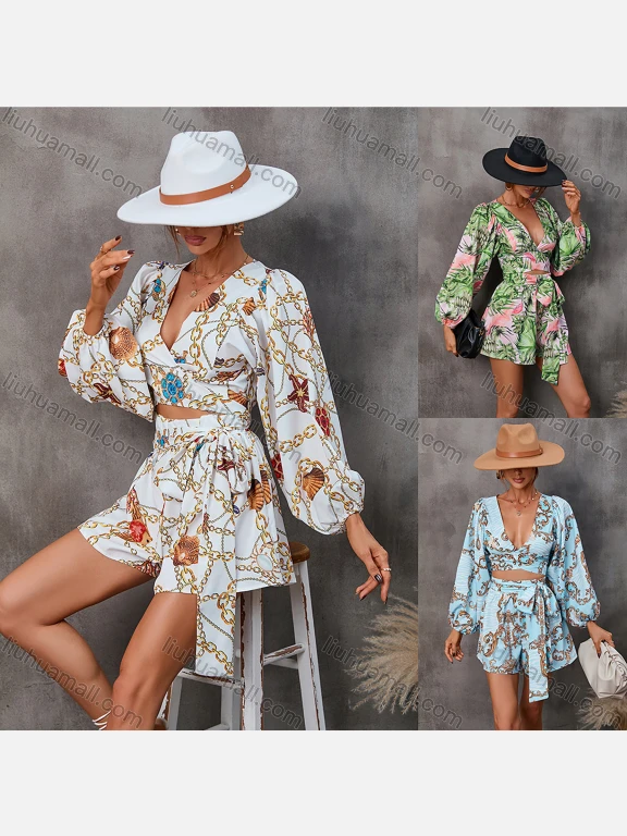 Wholesale Women's Elegant Allover Floral Print Deep V Neck Ruched Hollow Out Lantern Sleeve Romper With Belt