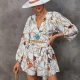 Wholesale Women's Elegant Allover Floral Print Deep V Neck Ruched Hollow Out Lantern Sleeve Romper With Belt White Clothing Wholesale Market Liuhua
