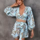 Wholesale Women's Elegant Allover Floral Print Deep V Neck Ruched Hollow Out Lantern Sleeve Romper With Belt Blue Clothing Wholesale Market Liuhua