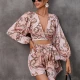 Wholesale Women's Elegant Allover Floral Print Deep V Neck Ruched Hollow Out Lantern Sleeve Romper With Belt Pink Clothing Wholesale Market Liuhua