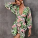 Wholesale Women's Elegant Allover Floral Print Deep V Neck Ruched Hollow Out Lantern Sleeve Romper With Belt Green Clothing Wholesale Market Liuhua
