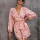 Wholesale Women's Elegant Allover Floral Print Deep V Neck Ruched Hollow Out Lantern Sleeve Romper With Belt Melon Clothing Wholesale Market Liuhua