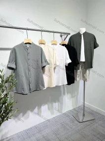 Wholesale Men's 100%Cotton Casual Plain Patch Pocket Buckle Strap Cuff Button Down Short Sleeve Henley Shirt E65024#, LIUHUA CLOTHING WHOLESALE