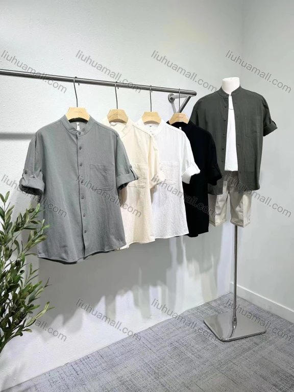 Wholesale Men's 100%Cotton Casual Plain Patch Pocket Buckle Strap Cuff Button Down Short Sleeve Henley Shirt E65024#