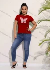 Wholesale Women's Casual Crew Neck Short Sleeve Rhinestone Butterfly Drawstring Letter T-shirt - Liuhuamall