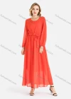 Wholesale Women's Casual Plain Guipure Lace Round Neck Chiffon Long Sleeve Maxi Dress With Belt - Liuhuamall