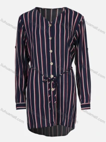 Wholesale Women's V Neck Button Front High Low Hem Striped Print Short Dress With Belt, LIUHUA CLOTHING WHOLESALE