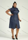 Wholesale Women's Casual Collared Short Ruffle Sleeve Button Down Belted Midi Denim Dress - Liuhuamall