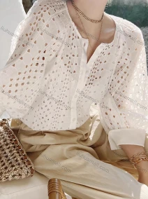 Wholesale Women's Casual Plain 3/4 Sleeve Crew Neck Hollow Out Button Down Blouse, LIUHUA CLOTHING WHOLESALE