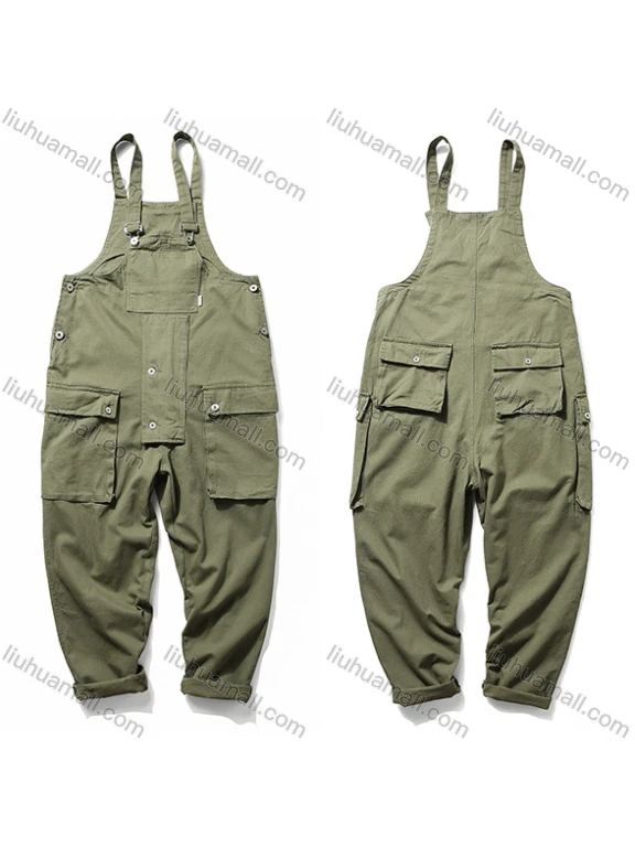 Wholesale Men's Plain Multiple Flap Pockets American Suspenders Loose Casual Cargo Overalls PM-3320#