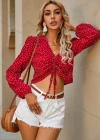 Wholesale Woman's Casual V Neck Long Sleeve Tie Front Polka Dot Crop Top - Liuhuamall