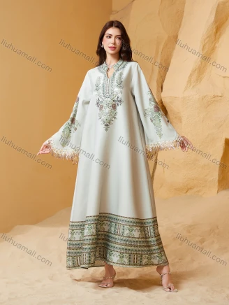 Wholesale Dubai Style Embroidered Print Kaftan for Women, Loose Tassel Sleeve Long Maxi Abaya, Modest Muslim Dress for Eid Ramadan, Guangzhou Clothing Wholesale Market & China Sourcing - LIUHUAMALL