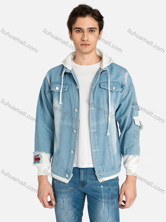 Wholesale Men's Fashion Distressed Ripped Frayed Raw 2in1 Denim Jacket With Hooded