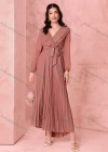 Wholesale Women's Casual Plain Wrap V Neck Long Sleeve Ruffle Trim Pleated Maxi Dress With Belt - Liuhuamall