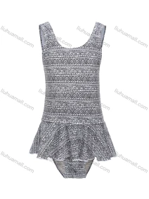 Wholesale Girls Vacation Crew Neck Sleeveless Ruffle Hem Vintage Print One Piece Swimsuit, LIUHUA CLOTHING WHOLESALE
