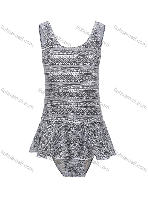 Wholesale Girls Vacation Crew Neck Sleeveless Ruffle Hem Vintage Print One Piece Swimsuit