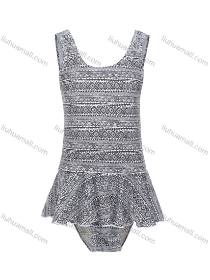 Wholesale Girls Vacation Crew Neck Sleeveless Ruffle Hem Vintage Print One Piece Swimsuit