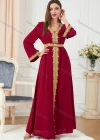 Wholesale Women's Muslim Islamic V Neck Gold Thread Embroidery Abaya Maxi Dress 3252# - Liuhuamall