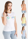 Wholesale Women's Casual Short Sleeve Round Neck Colorful Letter Print Tee - Liuhuamall