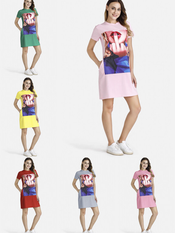 Women's Casual Short Sleeve Round Neck Graphic Tee Dress, Clothing Wholesale Market -LIUHUA, Women, Dress, Sleeveless-Dress