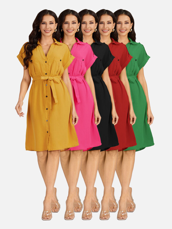 Women's Casual Plain Button Down Short Sleeve Shirt Dress With Belt EG-3371#, Clothing Wholesale Market -LIUHUA, Women, Dress, Sleeveless-Dress