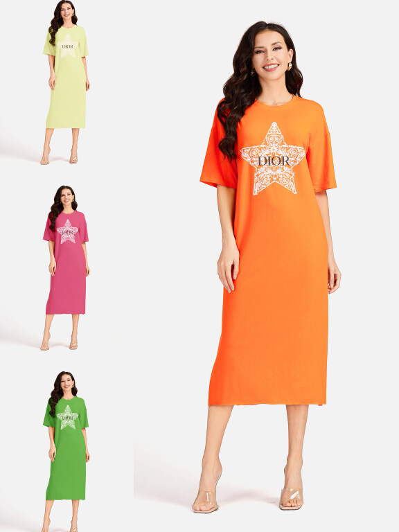 Women's Casual Star Short Sleeve Crew Neck Split Side Dress EG-3486#, Clothing Wholesale Market -LIUHUA, Women, Dress, Sleeveless-Dress