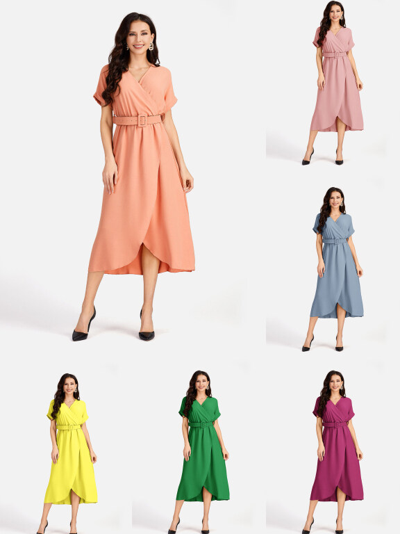 Women's Casual Plain Wrap Short Sleeve Midi Dress With Belt EG-3436#, Clothing Wholesale Market -LIUHUA, Women, Dress, Sleeveless-Dress