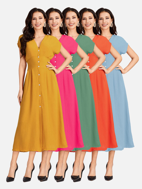 Women's Casual Plain V Neck Button Down Short Sleeve Midi Dress EG-3526#, Clothing Wholesale Market -LIUHUA, Women, Dress, Sleeveless-Dress