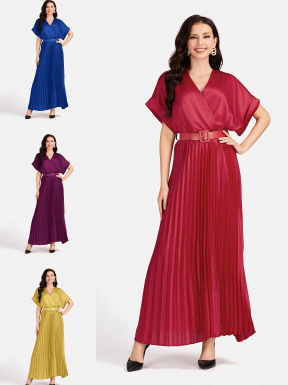 Women's Casual Plain Wrap Short Sleeve Splicing Pleated Maxi Dress EG-3481#, Clothing Wholesale Market -LIUHUA, Women, Dress, Sleeveless-Dress